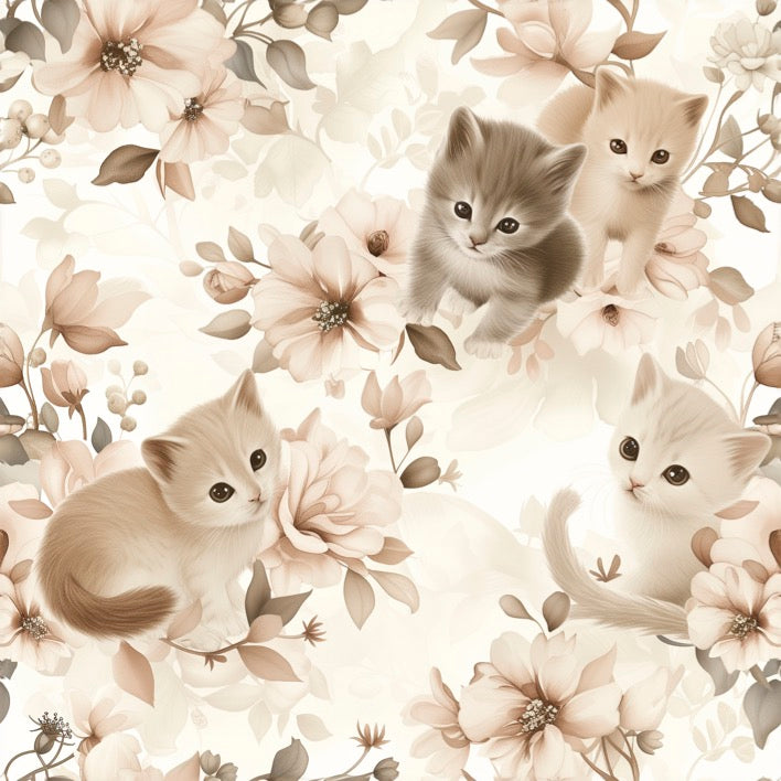 Baumwolljersey Digital weiß Katzen Blumen Blätter Ranke
