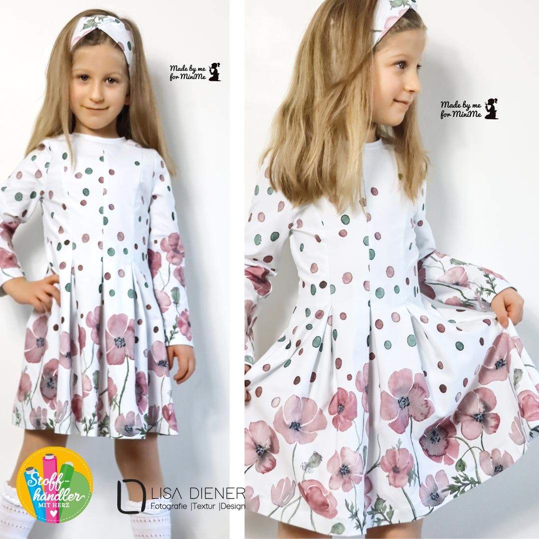 Baumwolljersey Bordüre Stoffhändler mit Herz Punkte Blumen weiß Lisa Diener