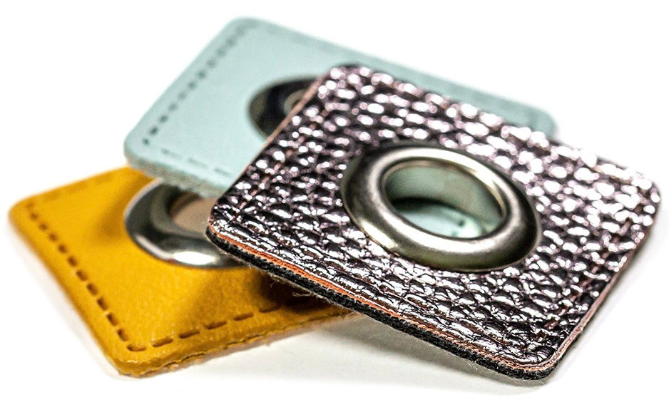 Oesen Patches aus Lederimitat mit 8mm Oese senf