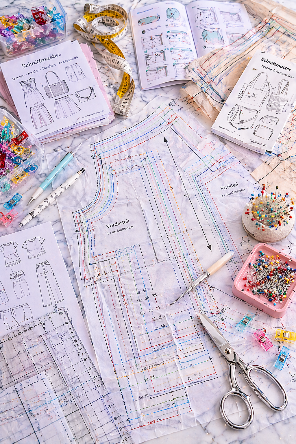Schnittmuster Nähen Papier Schnittteile Zuschneiden Maßlinien Größenlinien Anleitung Nähen Detailaufnahme
