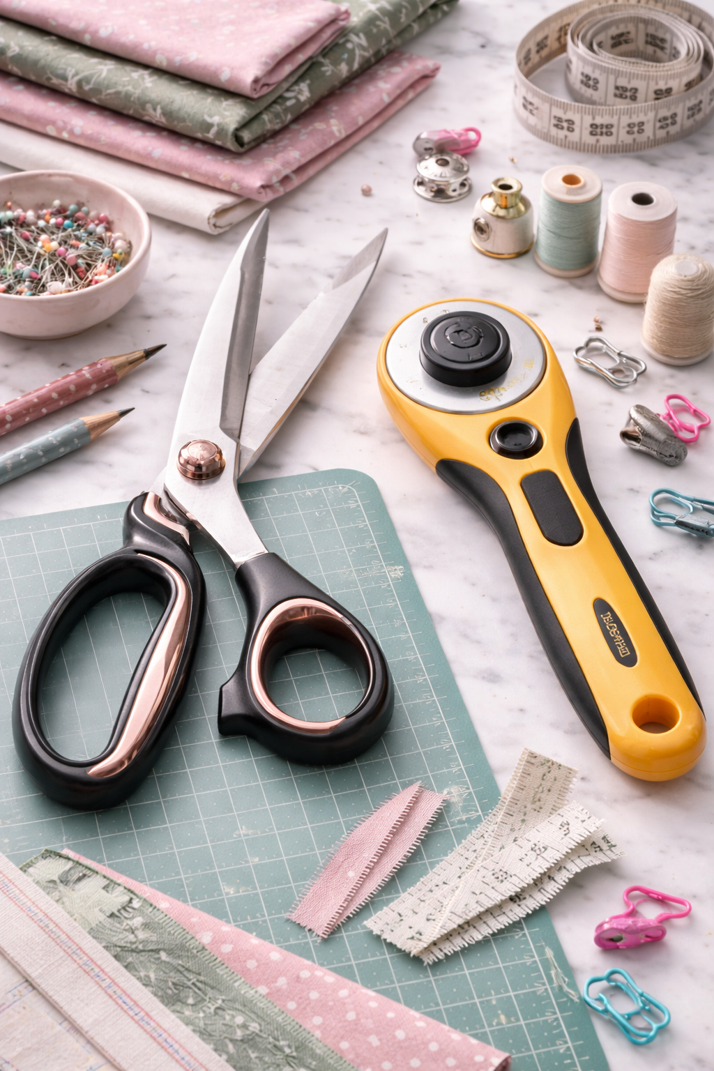 Schere Rollschneider Stoff zuschneiden Schneidewerkzeug Nähzubehör Patchwork Präzision Detailaufnahme