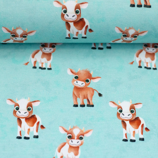 Baumwolljersey Alpenliebe by Mrs Mint Design Swafing Kuh türkis