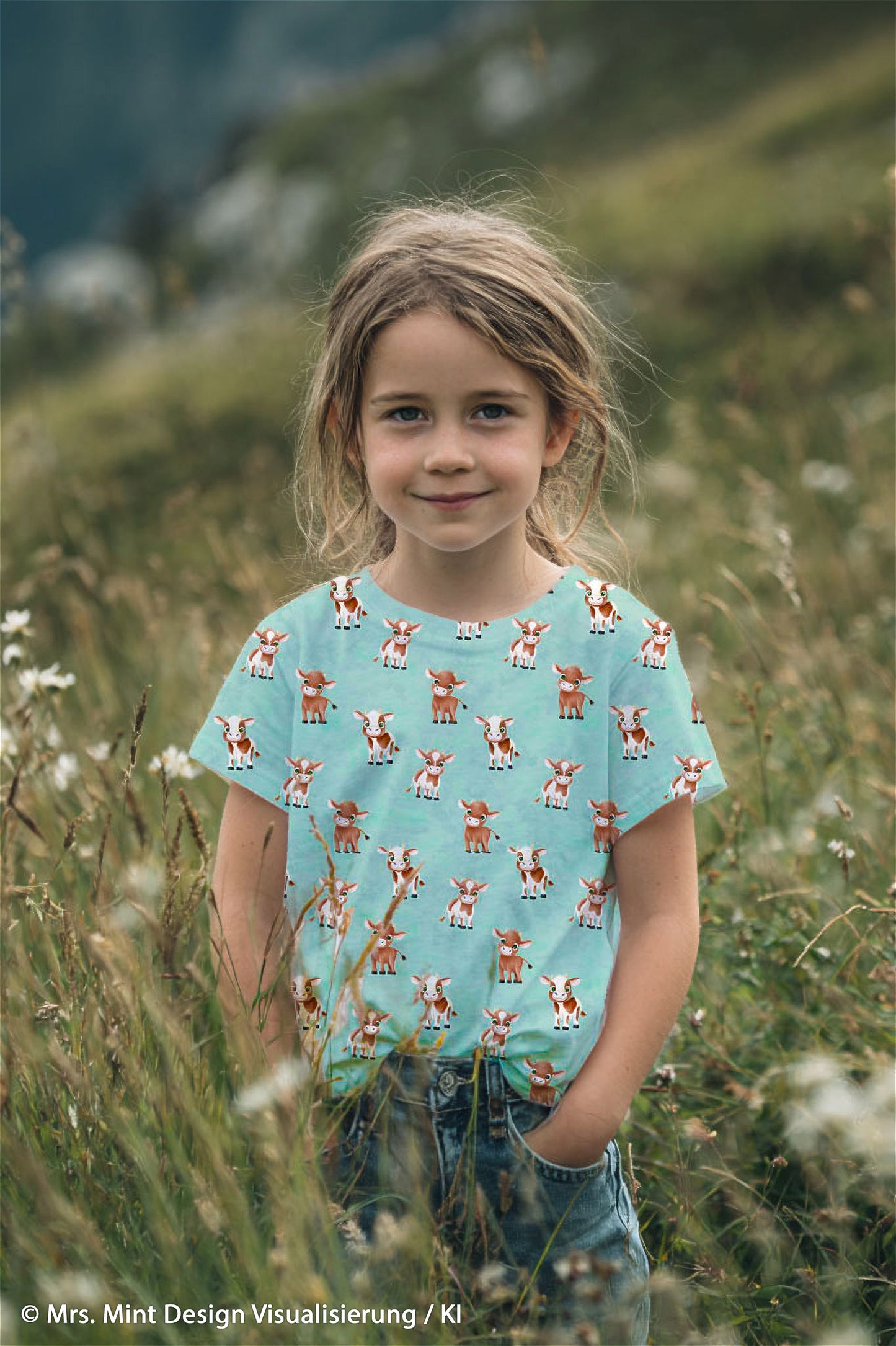 Baumwolljersey Alpenliebe by Mrs Mint Design Swafing Kuh türkis