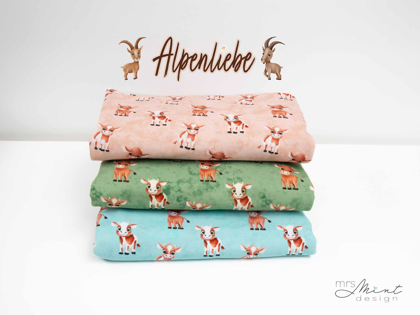Baumwolljersey Alpenliebe by Mrs Mint Design Swafing Kuh türkis