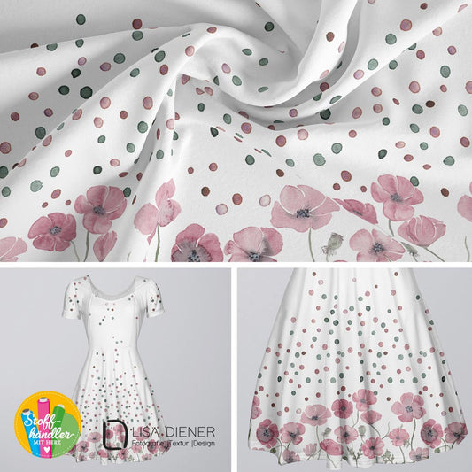 Baumwolljersey Bordüre Stoffhändler mit Herz Punkte Blumen weiß Lisa Diener
